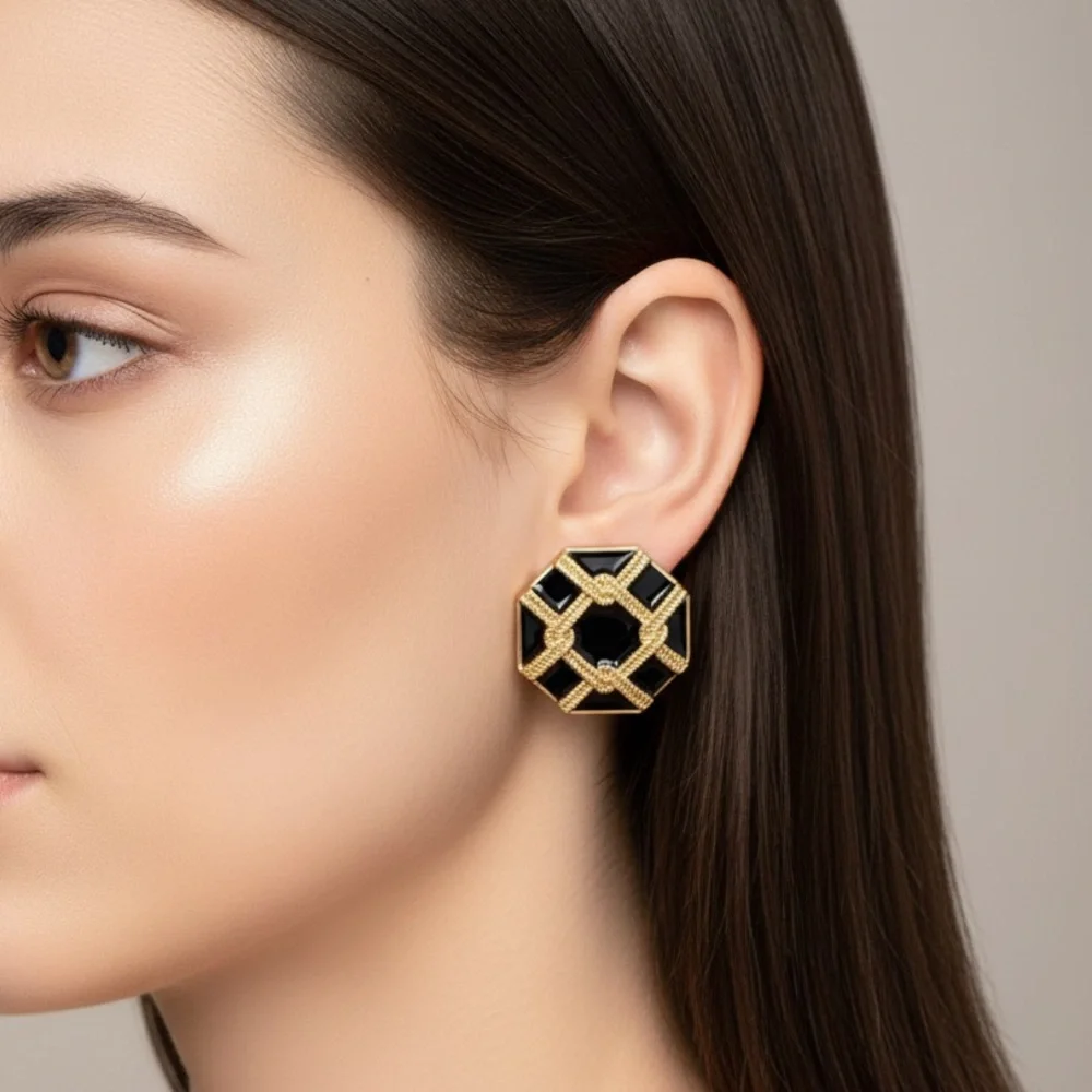 Modern Octagonal Black Enamel Earrings | Gold-Tone Geometric Statement